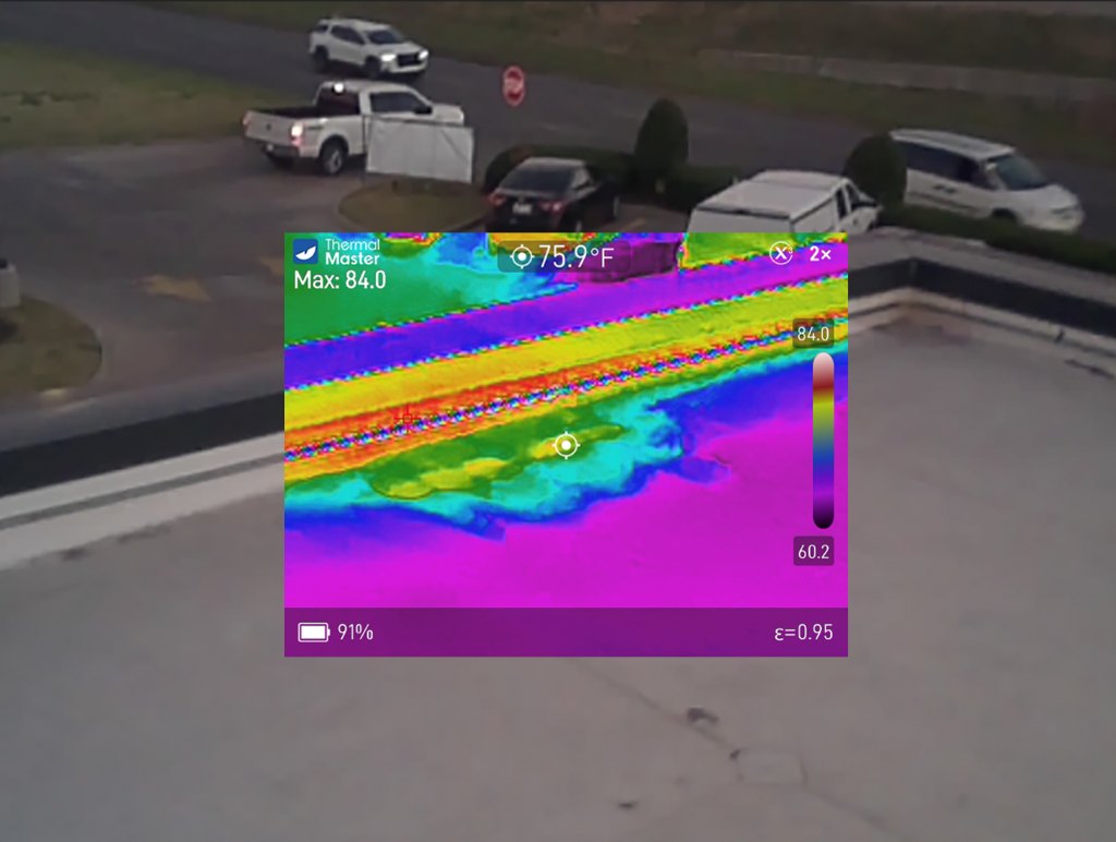 Thermal imaging scan of a commercial rooftop showing moisture intrusion into insulation board
