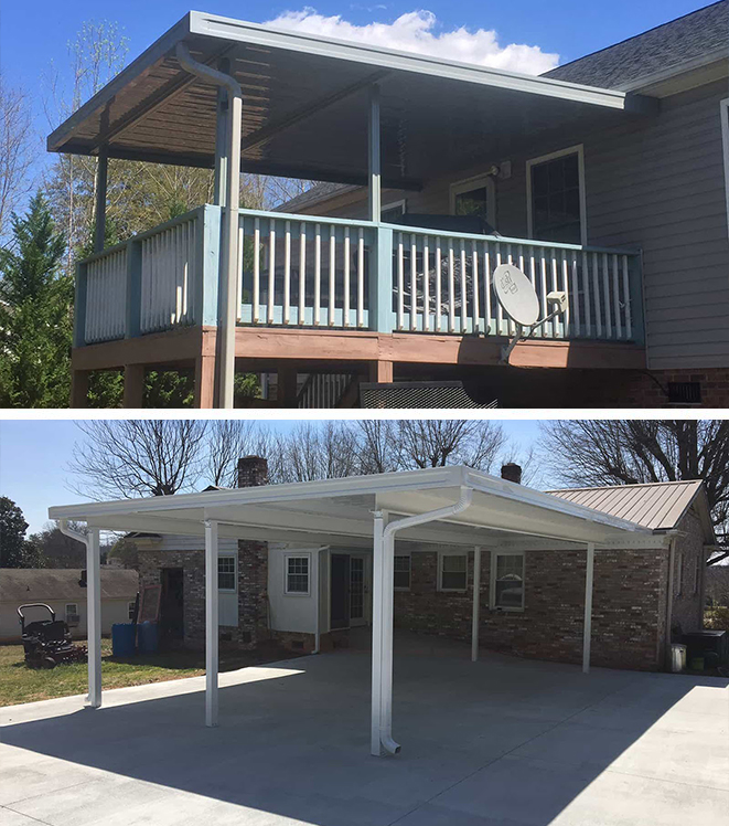 Close up of two workers installing a carport on a home with a hammer