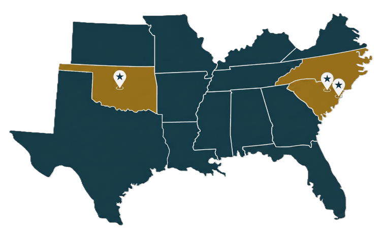 Map of the southeast portion of the U.S. with the locations of Total Roofing Solutions & Construction marked on the map